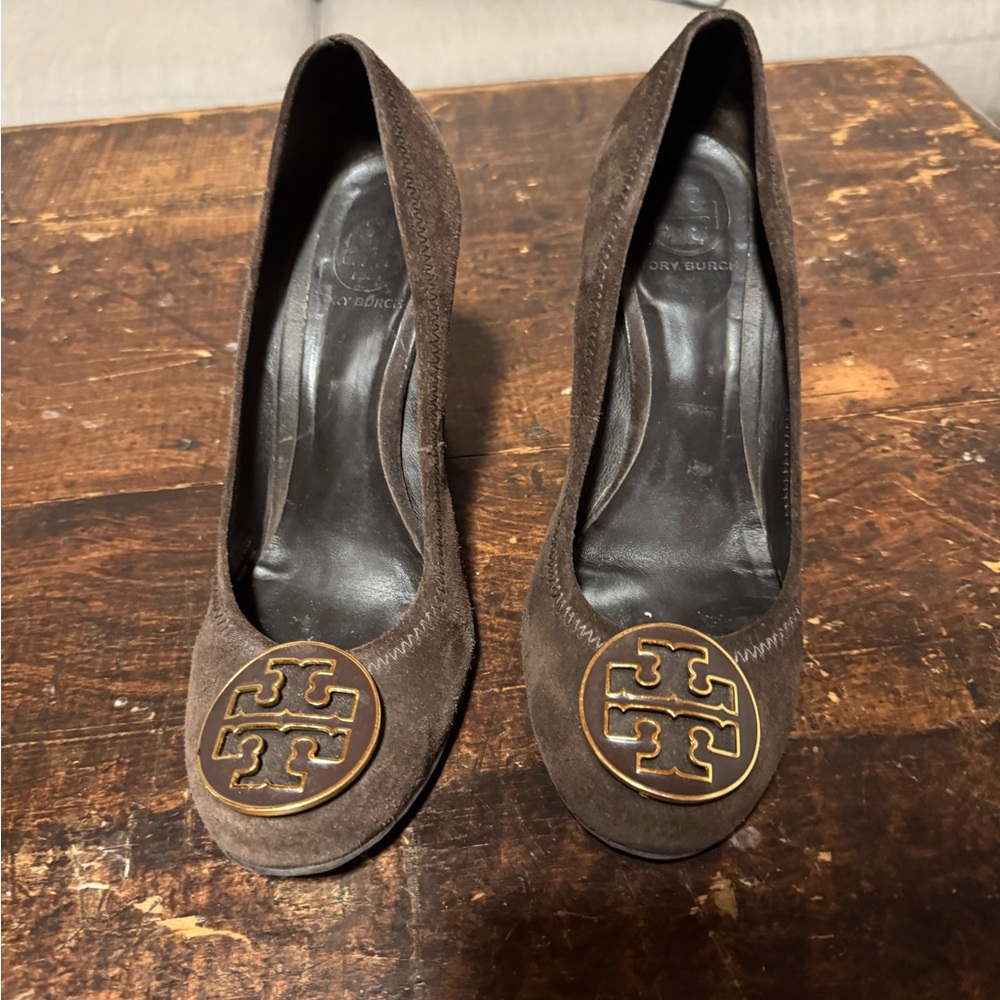 Tory Burch Dark Brown Suede Heels with Gold Logo